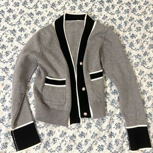 Gray Knit Cardigan with Black Trim